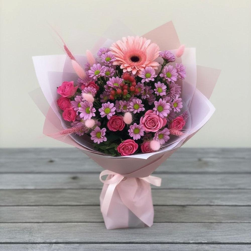 Букет цветов из: Розы, Герберы и Хризантемы в Бурлацком