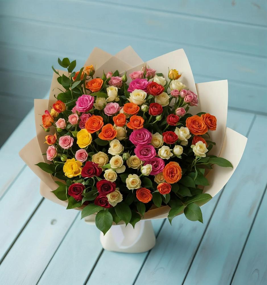 Букет Микс из разноцветных кустовых роз в Бурлацком