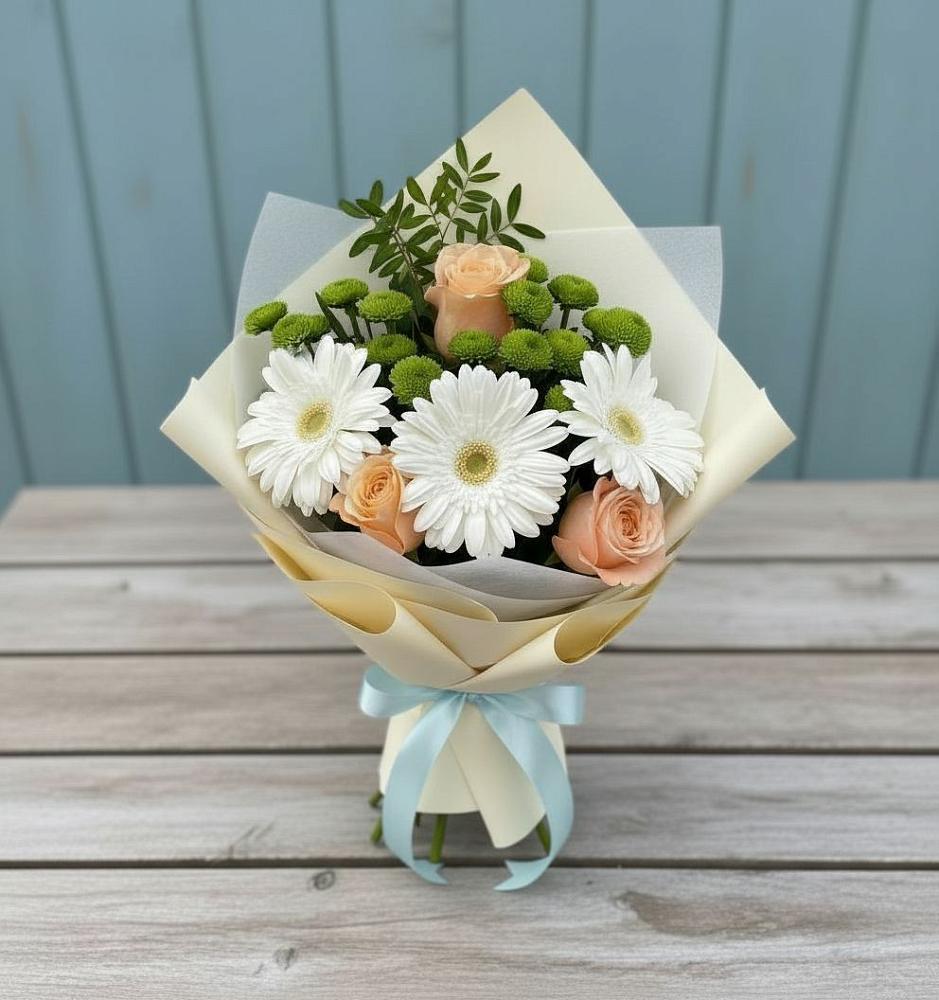 Букет цветов из: Герберы, Розы и Хризантемы в Бурлацком