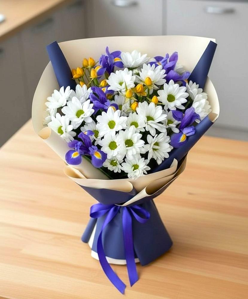 Букет цветов из: Розы, Ирисы и Хризантемы в Бурлацком