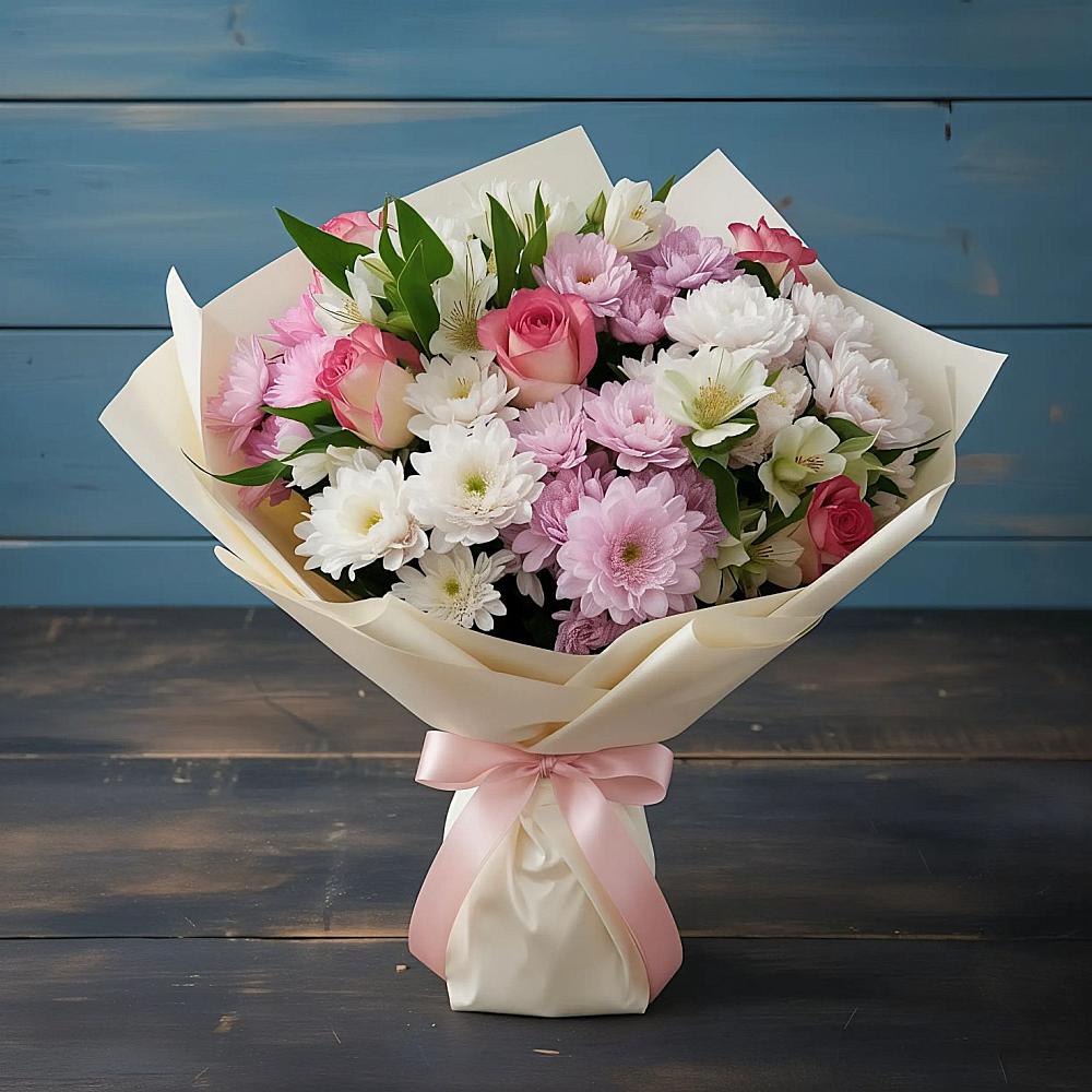 Букет цветов из: Хризантемы, Альстромерии и Розы в Бурлацком